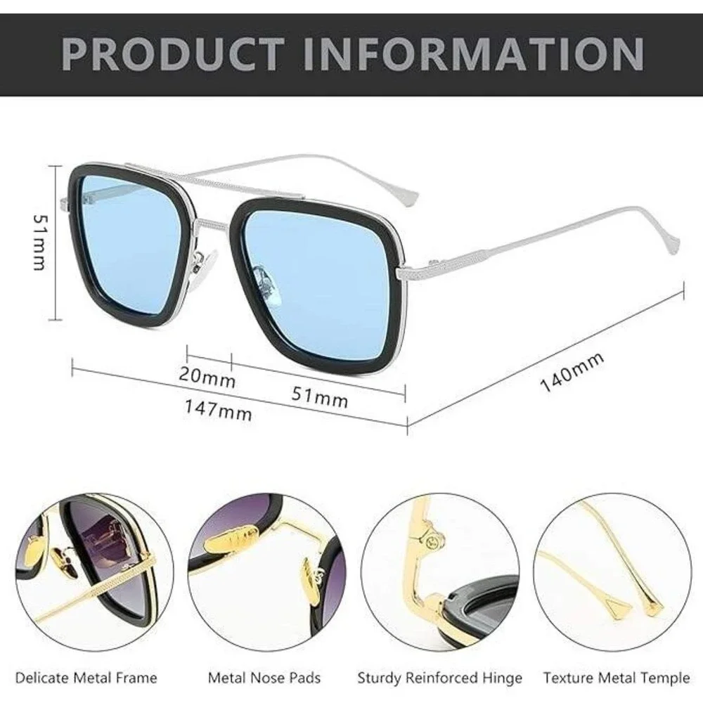 Square Sunglasses Blue Lens Silver Frame Mens Fashion Sun Glasses Classic Lentes